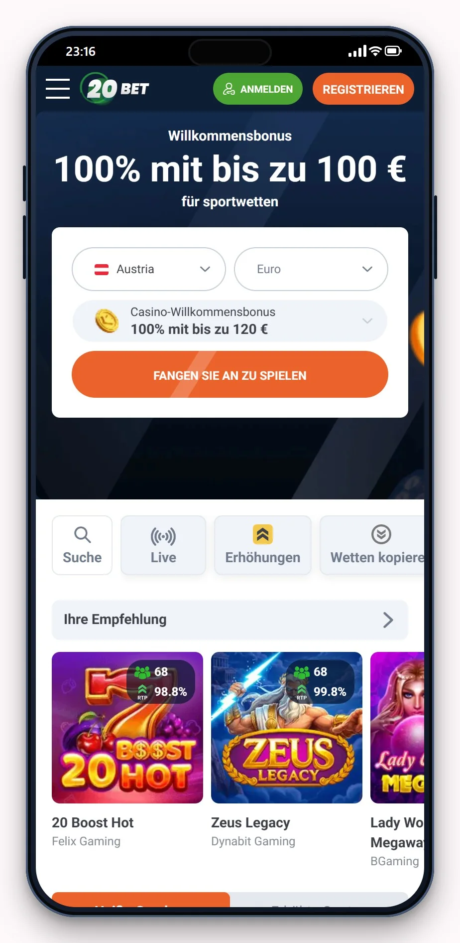 Neosurf Online Casino: 20Bet mobile Version, Lobby