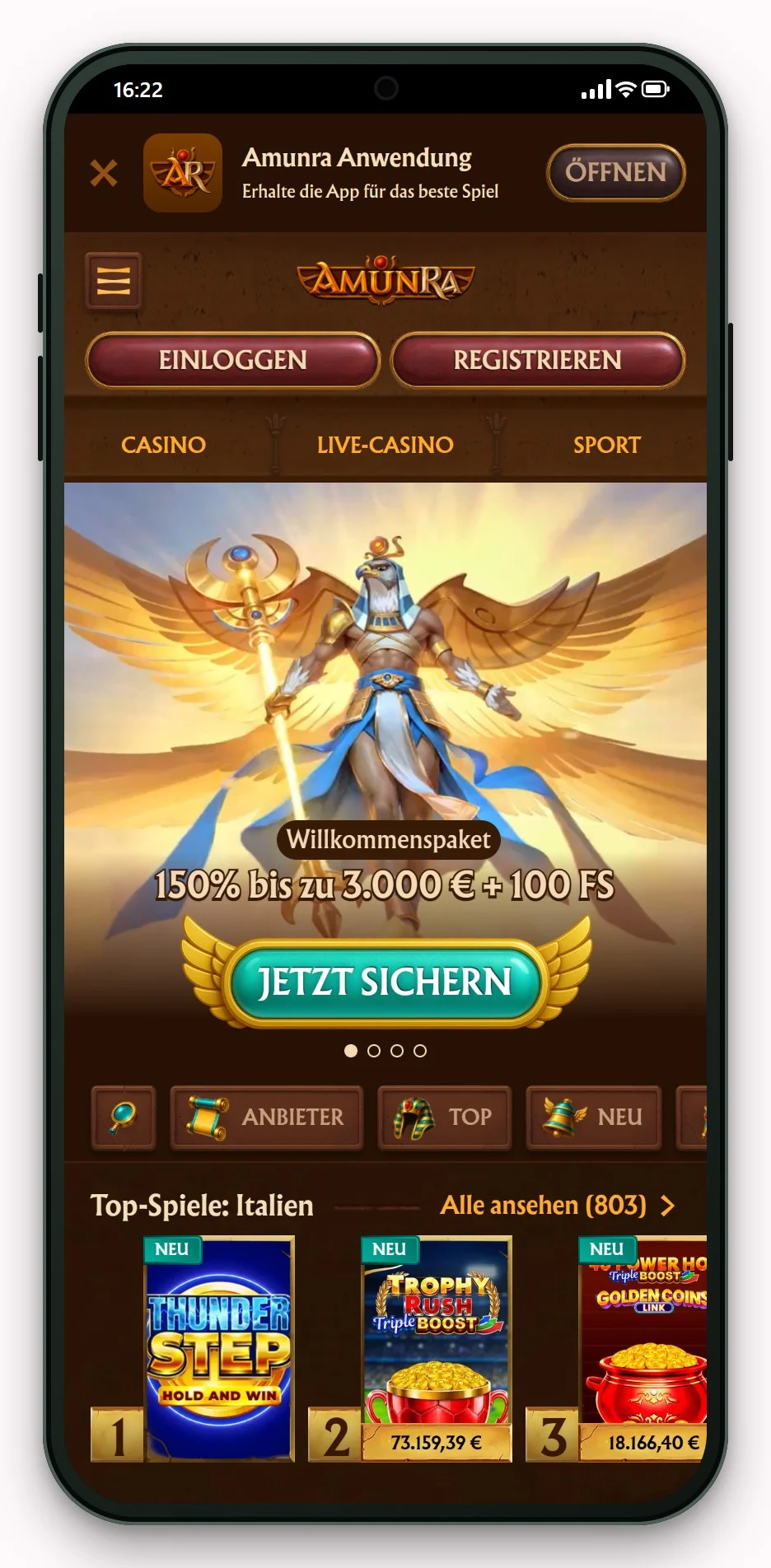 Neosurf Casino: AmunRa mobile Version, Lobby