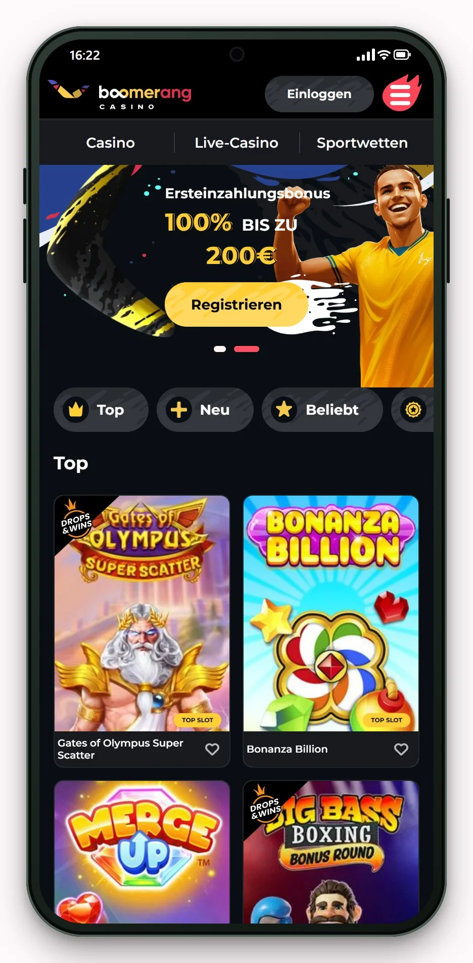 Neosurf Casinos: Boomerang Casino am Handy