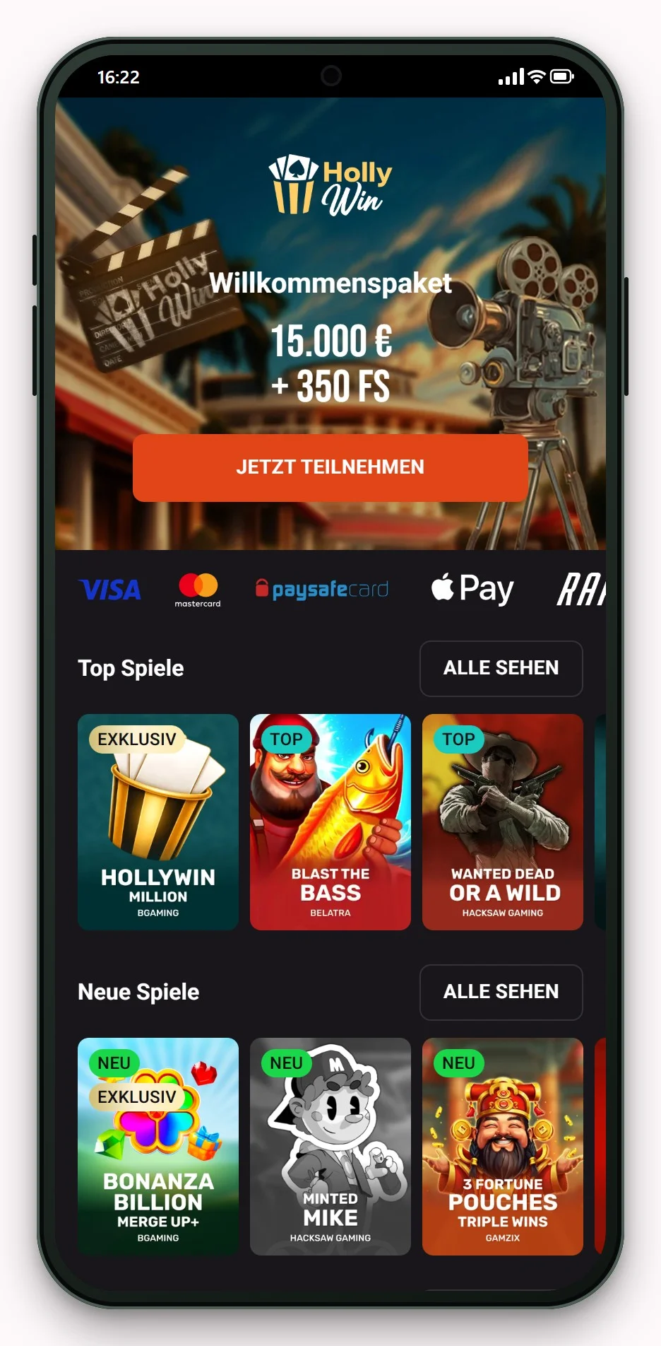 Casino Neosurf: Hollywin mobile Version, Lobby
