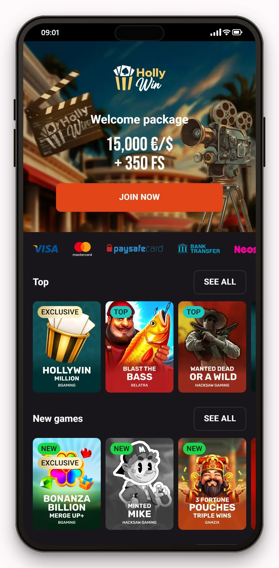 neosurf casino: Hollywin mobiele site, de lobby